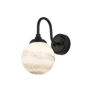 Notte Curved Arm Wall Light, 1 Light G9, IP44, Satin Black/Grey/White Round Marble Effect Glass