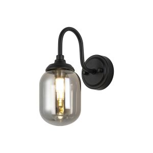 Notte Curved Arm Wall Light, 1 Light G9, IP44, Satin Black/Smoke Smooth Tubular Glass
