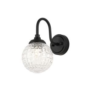 Notte Curved Arm Wall Light, 1 Light G9, IP44, Satin Black/Clear Cross Pattern Round Glass