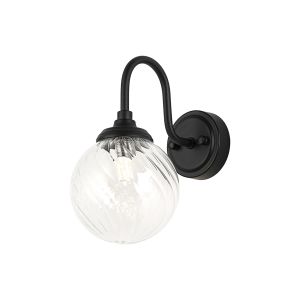 Notte Curved Arm Wall Light, 1 Light G9, IP44, Satin Black/Clear Swirl Round Glass