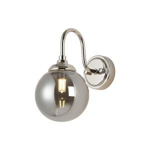 Notte Curved Arm Wall Light, 1 Light G9, IP44, Polished Nickel/Smoke Smooth Round Glass