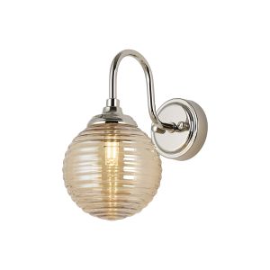 Notte Curved Arm Wall Light, 1 Light G9, IP44, Polished Nickel/Amber Ribbed Round Glass