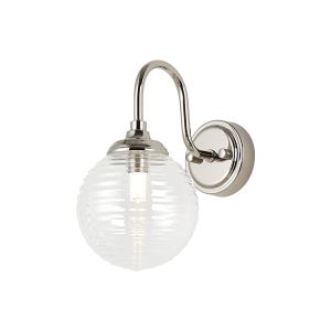 Notte Curved Arm Wall Light, 1 Light G9, IP44, Polished Nickel/Clear Ribbed Round Glass