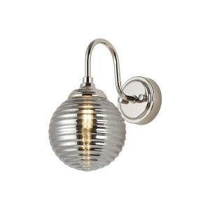 Notte Curved Arm Wall Light, 1 Light G9, IP44, Polished Nickel/Smoke Ribbed Round Glass
