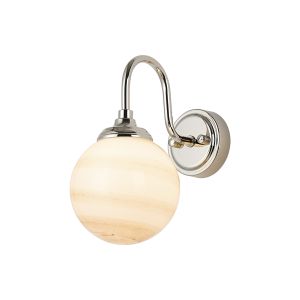 Notte Curved Arm Wall Light, 1 Light G9, IP44, Polished Nickel/Brown/White Round Marble Effect Glass