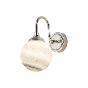 Notte Curved Arm Wall Light, 1 Light G9, IP44, Polished Nickel/Grey/White Round Marble Effect Glass