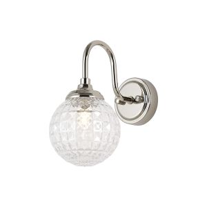 Notte Curved Arm Wall Light, 1 Light G9, IP44, Polished Nickel/Clear Cross Pattern Round Glass