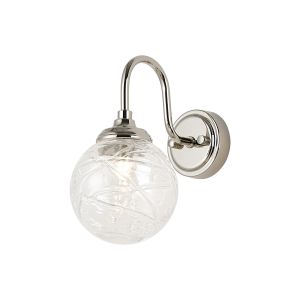 Notte Curved Arm Wall Light, 1 Light G9, IP44, Polished Nickel/Clear Dune Effect Round Glass
