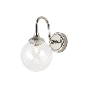 Notte Curved Arm Wall Light, 1 Light G9, IP44, Polished Nickel/Clear Swirl Round Glass
