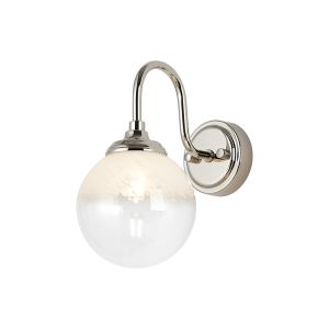 Notte Curved Arm Wall Light, 1 Light G9, IP44, Polished Nickel/White Two-Tone Snow Specks Round Glass