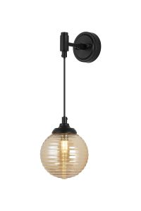 Notte Adjustable Wall Light, 1 Light G9, IP44, Satin Black/Amber Ribbed Round Glass