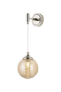 Notte Adjustable Wall Light, 1 Light G9, IP44, Polished Nickel/Amber Ribbed Round Glass