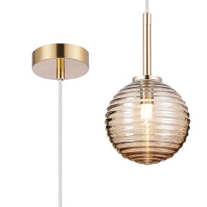 Gana 12cm Adjustable Pendant, 1 Light G9, IP44, Brass Gold/Amber Ribbed Round Glass