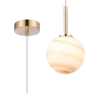 Gana 12cm Adjustable Pendant, 1 Light G9, IP44, Brass Gold/Brown Round Marble Effect Glass