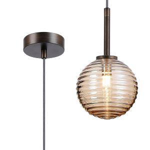 Gana 12cm Adjustable Pendant, 1 Light G9, IP44, Bronze/Amber Ribbed Round Glass