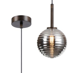Gana 12cm Adjustable Pendant, 1 Light G9, IP44, Bronze/Smoke Ribbed Round Glass