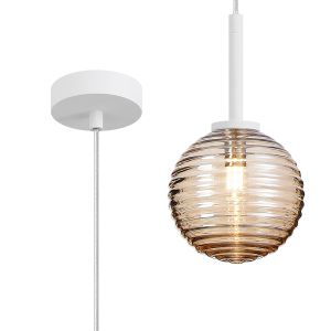 Gana 12cm Adjustable Pendant, 1 Light G9, IP44, Satin White/Amber Ribbed Round Glass