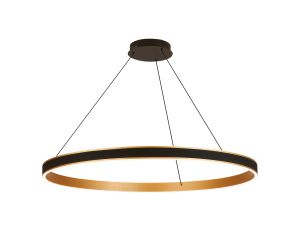 Chiara 1m Round Pendant, 90W LED, Remote Control Tuneable White 3000-6000K, 4500lm, Black Faux Leather/Brushed Gold, 3yrs Wrnty