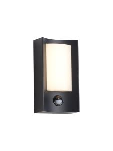 Faro Rectangular Curve Wall Lamp With PIR Sensor, 1 x 6W LED, 3000K, 400lm, IP54, Matt Black/Opal, 3yrs Warranty