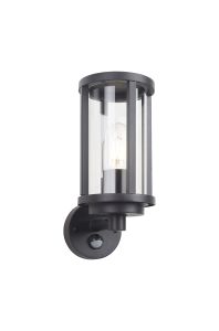 Faro Cylinder Wall Lamp With PIR Sensor, 1 x E27, IP44, Matt Black/Clear, 2yrs Warranty