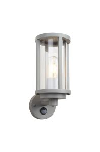 Faro Cylinder Wall Lamp With PIR Sensor, 1 x E27, IP44, Matt Silver/Clear, 2yrs Warranty