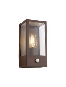Faro Rectangular Case Wall Lamp With PIR Sensor, 1 x E27, IP44, Dark Brown/Clear, 2yrs Warranty