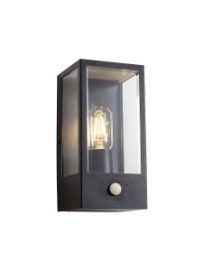 Faro Rectangular Case Wall Lamp With PIR Sensor, 1 x E27, IP44, Matt Black/Clear, 2yrs Warranty