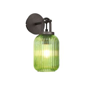 Urasawa Wall Light Switched, 1 x E27, Aged Pewter With 14cm Tubular Ribbed Glass, Green