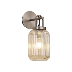Urasawa Wall Light Switched, 1 x E27, Antique Silver With 14cm Tubular Ribbed Glass, Champagne