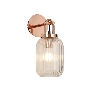 Urasawa Wall Light Switched, 1 x E27, Copper With 14cm Tubular Ribbed Glass, Clear