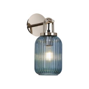 Urasawa Wall Light Switched, 1 x E27, Polished Nickel With 14cm Tubular Ribbed Glass, Petrol Blue