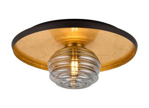 Ocaso 36cm Flush Ceiling/Wall Light, 1 Light G9, Gold Leaf/Coffee/Smoke Rippled Glass Shade