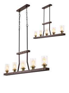 Brunello Linear Pendant/Semi Flush 5 Light E27, Brown Oxide/Gold Bronze With Clear Glass Shades
