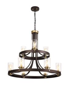 Brunello 90cm 2 Tier Round Pendant 3+6 Light E27, Brown Oxide/Gold Bronze With Clear Glass Shades