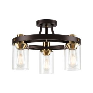 Brunello 45cm Round Semi Flush Ceiling 3 Light E27, Brown Oxide/Gold Bronze With Clear Glass Shades