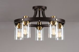 Brunello 55cm Round Semi Flush Ceiling 5 Light E27, Brown Oxide/Gold Bronze With Clear Glass Shades