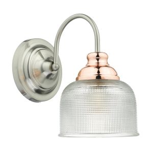 Wharfdale 3 Light E27 Satin Chrome With Coper Detail Wall Light With Pull Cord C/W Prismatic Glass Shade