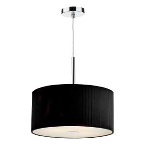 Zaragoza 3 Light E27 Polished Chrome Adjustable 40cm Round Pendant With Black Micro Pleat Shade & Frosted Acrylic Diffuser