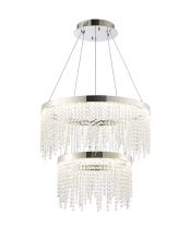Bano 61.5cm Round 2 Tier Dimmable Pendant 47W LED, 4000K, 4700lm, Polished Chrome / Crystal Chain, 3yrs Warranty