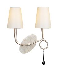 Paola Wall Lamp Switched 2 Light E14, Silver Painted With Cream Shades & Black Glass Droplets