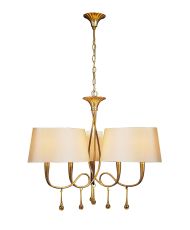 Paola Pendant 3 Arm 6 Light E14, Gold Painted With Cmozarella Shades & Amber Glass Droplets (3540)