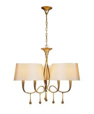 Paola 64cm Pendant 3 Arm 6 Light E14, Gold Painted With Cream Shades & Amber Glass Droplets (3540)