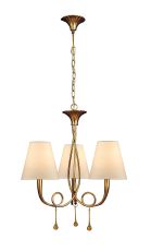 Paola 55cm Pendant 3 Light E14, Gold Painted With Cream Shades & Amber Glass Droplets (3542)