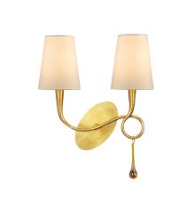 Paola Wall Lamp Switched 2 Light E14, Gold Painted With Cream Shades & Amber Glass Droplets
