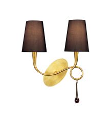 Paola Wall Lamp Switched 2 Light E14, Gold Painted With Black Shades & Amber Glass Droplets