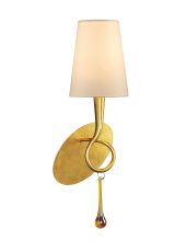 Paola Wall Lamp Switched 1 Light E14, Gold Painted With Cream Shade & Amber Glass Droplets