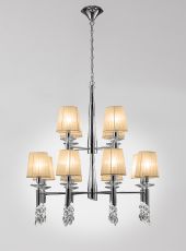 Tiffany Pendant 2 Tier 12+12 Light E14+G9, Polished Chrome With Soft Bronze Shades & Clear Crystal