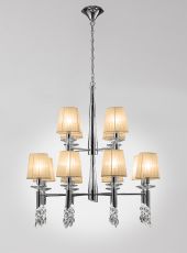 Tiffany 85cm Pendant 2 Tier 12+12 Light E14+G9, Polished Chrome With Soft Bronze Shades & Clear Crystal