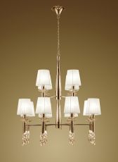 Tiffany 85cm Pendant 2 Tier 12+12 Light E14+G9, French Gold With White Shades & Clear Crystal