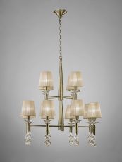 Tiffany 85cm Pendant 2 Tier 12+12 Light E14+G9, Antique Brass With Soft Bronze Shades & Clear Crystal